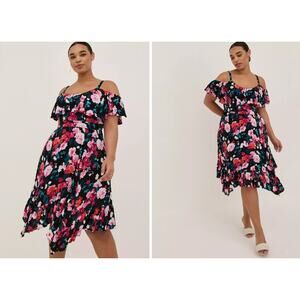 Torrid Size 3 Hanky Hem Ruffle Skater Midi Dress -‎ Gauze Floral Black Plus Size